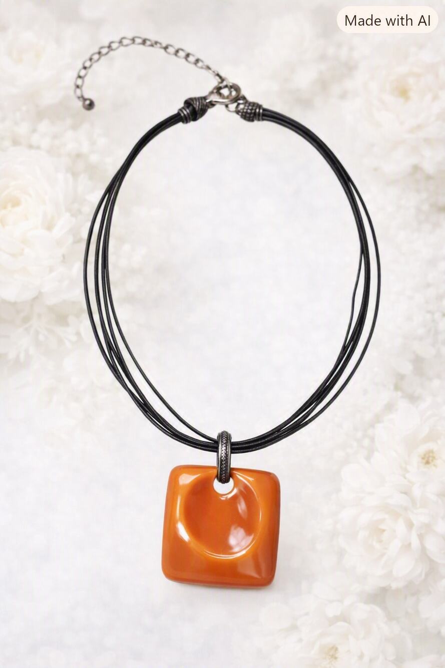 Chico’s Orange Metal & Enamel Pendant Necklace on Black Leather Cord 16 inch VTG